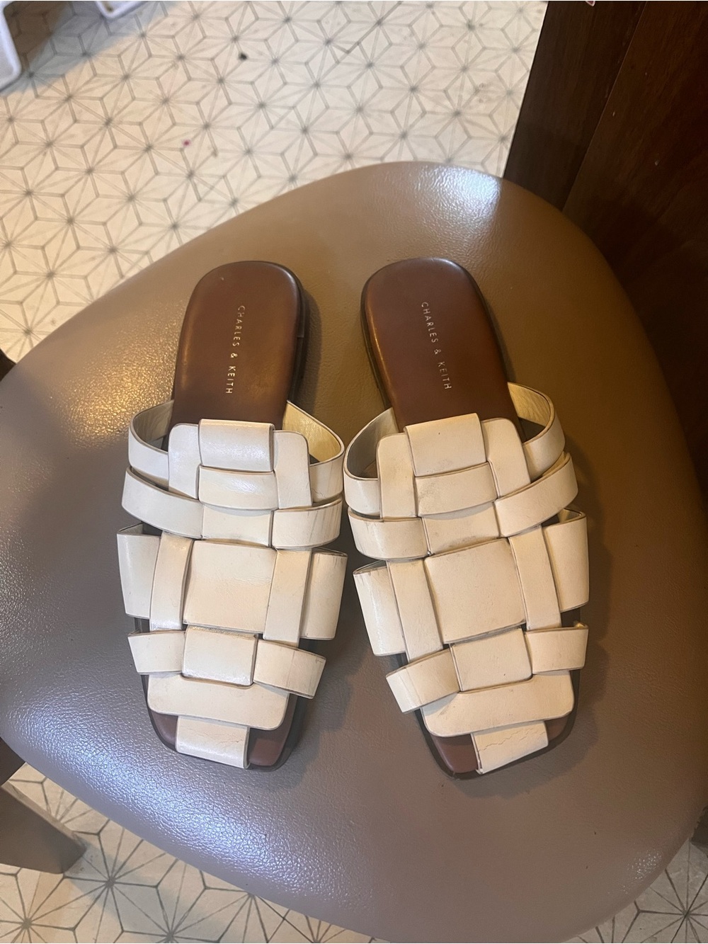 Charles & Keith Ivory Woven Slide Mules